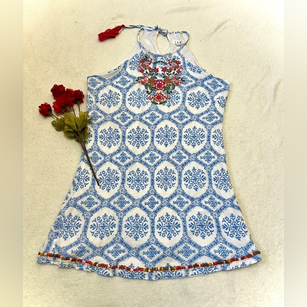 THML Bohemian Embroidered Paisley Tassel Halter Shift Dress -  XL